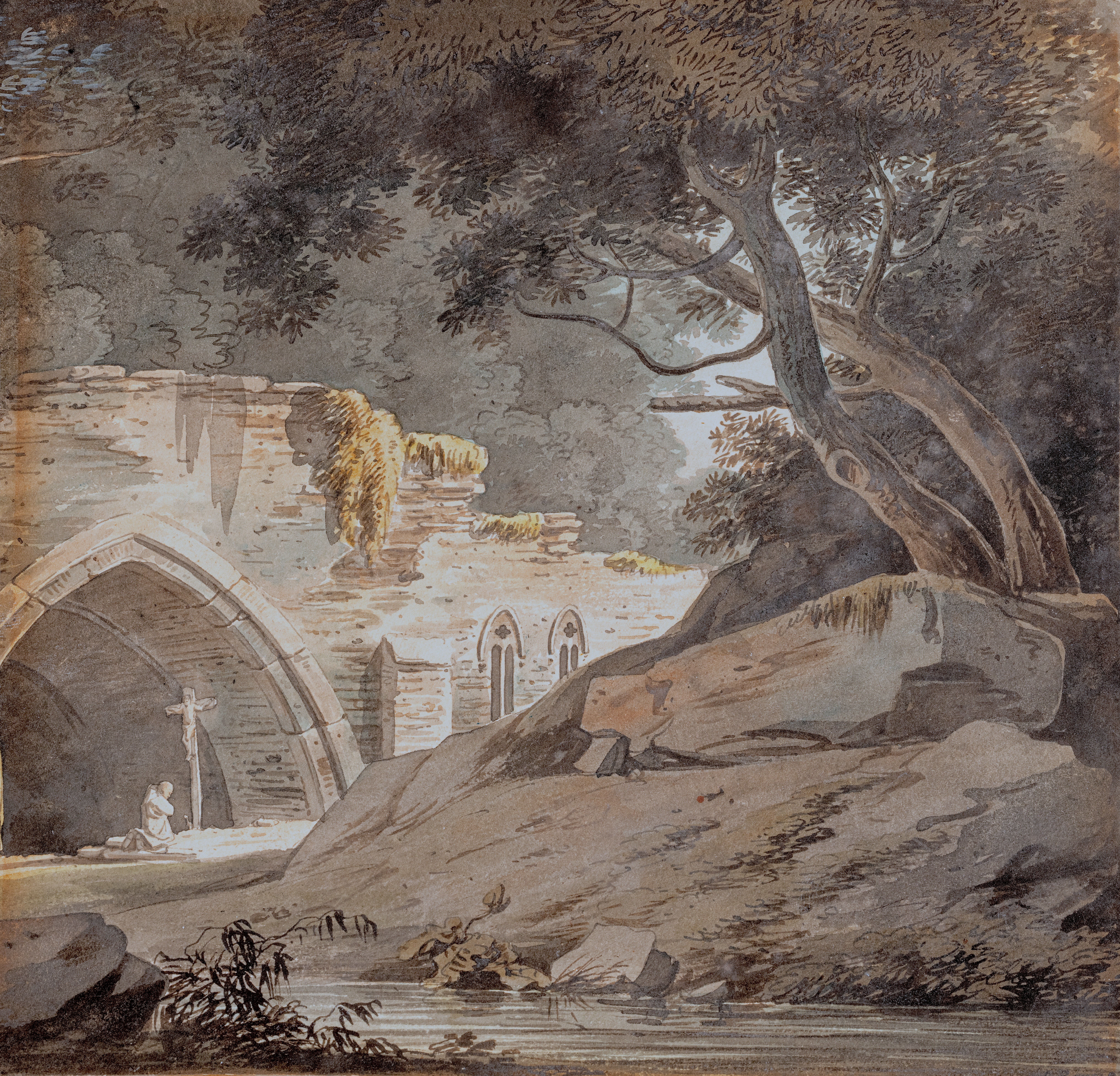 Paysage de ruines avec un moine en prière