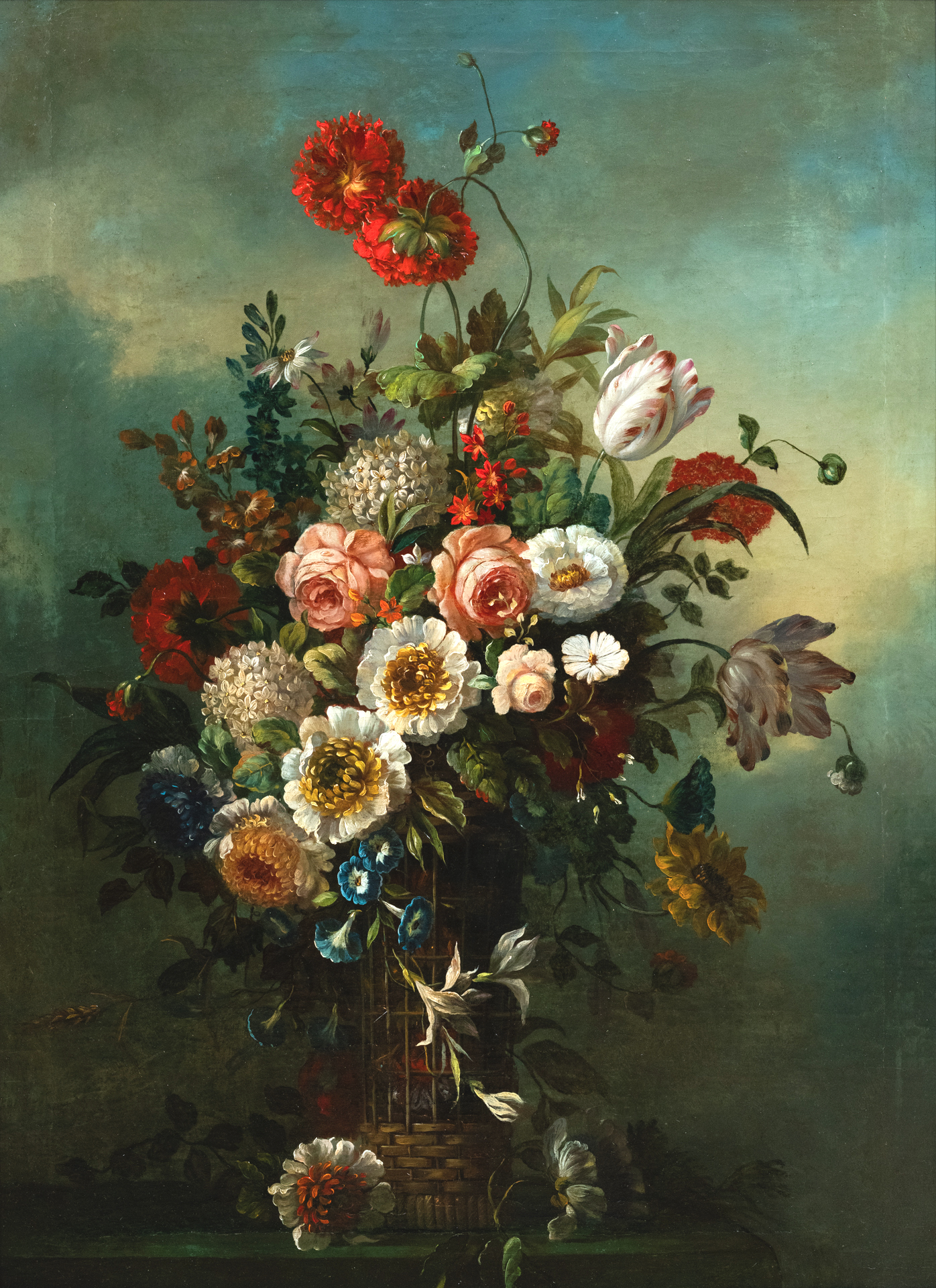Corbeille de fleurs dans un fond de paysage