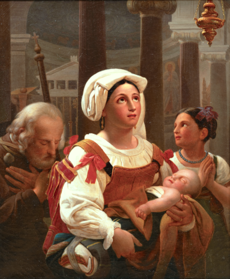 Jeune romaine en prière, avec un enfant endormi, entourée d’un moine et d’une fillette.