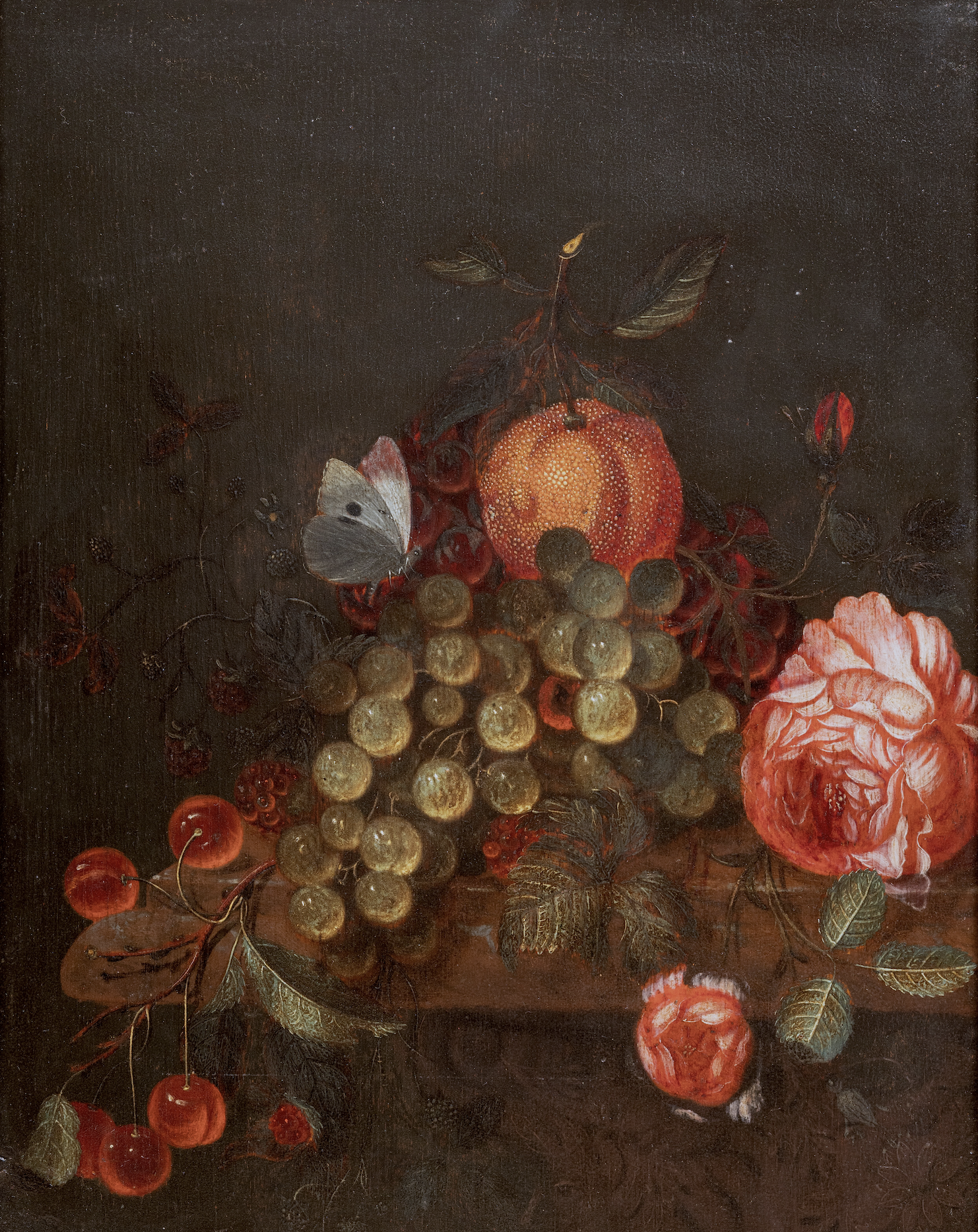 Fruits et roses sur un entablements